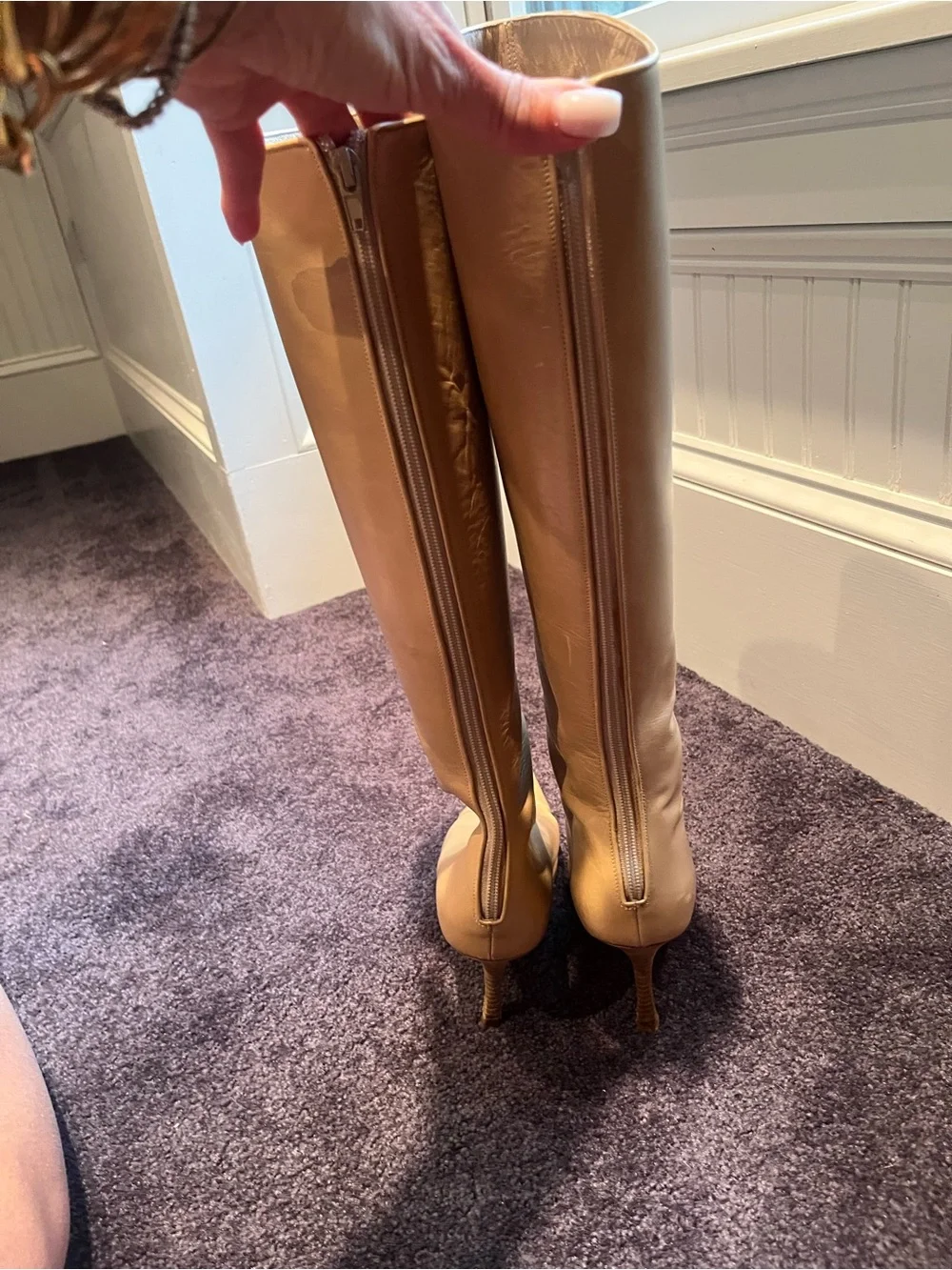Manolo Blahnik Camel Pointed-Toe Over-the-Knee Leather Boots